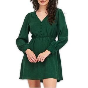 BB Dakota Mini Dress Textured Fabric Button Accent Long Sleeve Pull On Green W